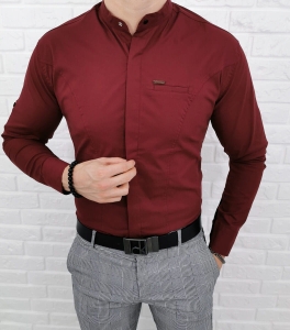 Bordowa koszula slim fit ze stójką kryta plisa 0325/56