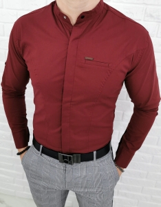 Bordowa koszula slim fit ze stójką kryta plisa 0325/56