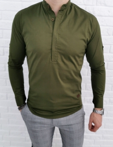 Koszula khaki ze stójką z zakrytymi guzikami 0105/36