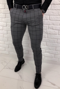 Szare eleganckie spodnie slim fit w czarną kratę 64G