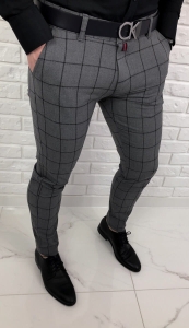 Szare eleganckie spodnie slim fit w czarną kratę 64G