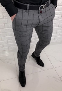 Szare eleganckie spodnie slim fit w czarną kratę 64G
