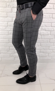 Szare eleganckie spodnie slim fit w czarną kratę 64G