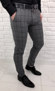 Szare eleganckie spodnie slim fit w czarną kratę 64G