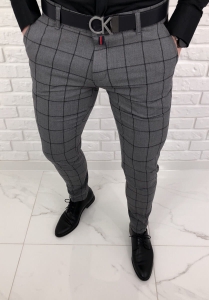 Szare eleganckie spodnie slim fit w czarną kratę 64G