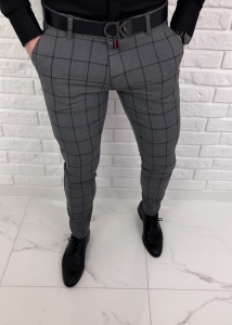 Szare eleganckie spodnie slim fit w czarną kratę 64G