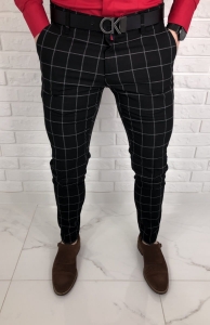 Czarne eleganckie spodnie slim fit w szarą kratę 64s