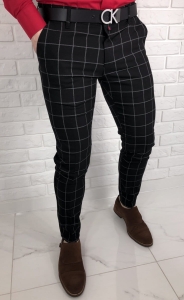 Czarne eleganckie spodnie slim fit w szarą kratę 64s
