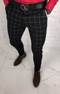 Czarne eleganckie spodnie slim fit w szarą kratę 64s