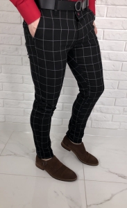 Czarne eleganckie spodnie slim fit w szarą kratę 64s