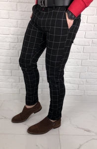 Czarne eleganckie spodnie slim fit w szarą kratę 64s