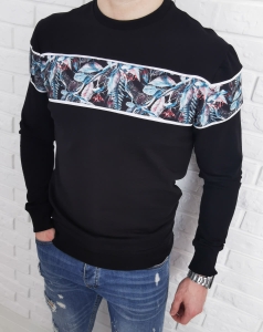 Czarna bluza męska bez kaptura kwiaty