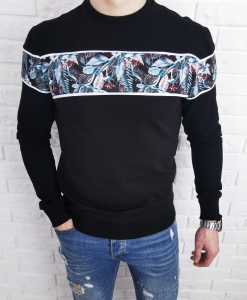 Czarna bluza męska bez kaptura kwiaty