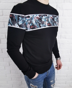 Czarna bluza męska bez kaptura kwiaty