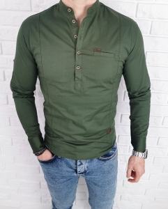 Koszula khaki męska ze stójką zapinana do połowy 0015/362