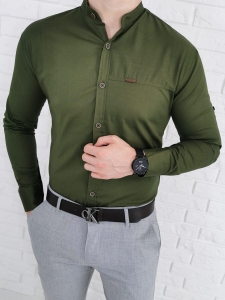 Koszula męska khaki ze stójką i modnymi przeszyciami