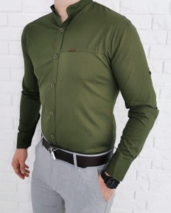 Koszula męska khaki ze stójką i modnymi przeszyciami