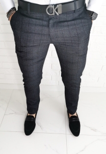 Ciemnoszare wizytowe spodnie slim fit w delikatną czarną krat Diego-1