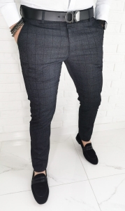 Ciemnoszare wizytowe spodnie slim fit w delikatną czarną krat Diego-1
