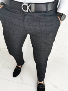 Ciemnoszare wizytowe spodnie slim fit w delikatną czarną krat Diego-1