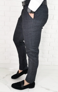 Ciemnoszare wizytowe spodnie slim fit w delikatną czarną krat Diego-1