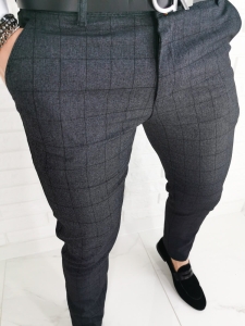 Ciemnoszare wizytowe spodnie slim fit w delikatną czarną krat Diego-1