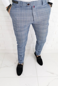Jasnoniebieskie eleganckie spodnie slim fit w ciemną kratę EKO 2-3
