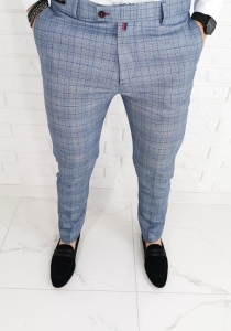 Jasnoniebieskie eleganckie spodnie slim fit w ciemną kratę EKO 2-3