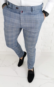 Jasnoniebieskie eleganckie spodnie slim fit w ciemną kratę EKO 2-3