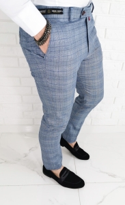 Jasnoniebieskie eleganckie spodnie slim fit w ciemną kratę EKO 2-3