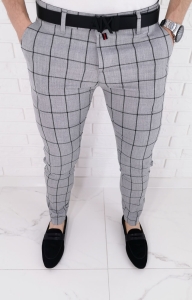 Jasnoszare eleganckie spodnie slim fit w dużą czarną kratę 64J