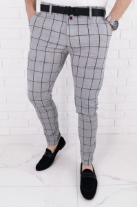 Jasnoszare eleganckie spodnie slim fit w dużą czarną kratę 64J