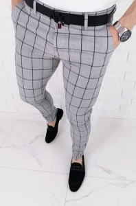 Jasnoszare eleganckie spodnie slim fit w dużą czarną kratę 64J