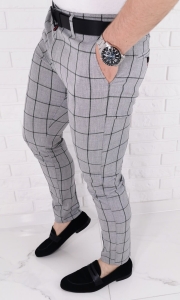 Jasnoszare eleganckie spodnie slim fit w dużą czarną kratę 64J