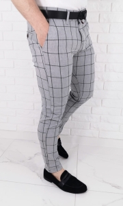 Jasnoszare eleganckie spodnie slim fit w dużą czarną kratę 64J