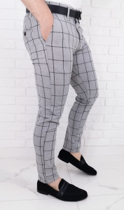 Jasnoszare eleganckie spodnie slim fit w dużą czarną kratę 64J