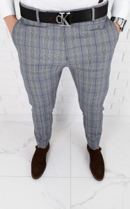 Szare eleganckie spodnie slim fit w kratę z niebieską wstawką 1537