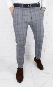 Szare eleganckie spodnie slim fit w kratę z niebieską wstawką 1537