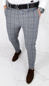 Szare eleganckie spodnie slim fit w kratę z niebieską wstawką 1537