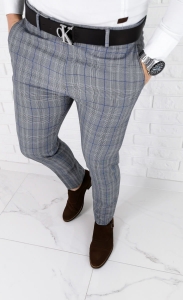 Szare eleganckie spodnie slim fit w kratę z niebieską wstawką 1537