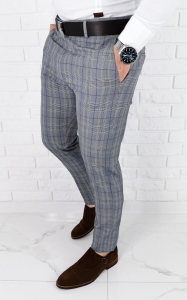 Szare eleganckie spodnie slim fit w kratę z niebieską wstawką 1537