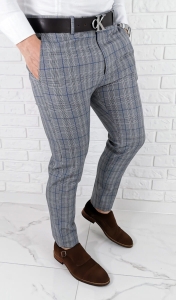 Szare eleganckie spodnie slim fit w kratę z niebieską wstawką 1537