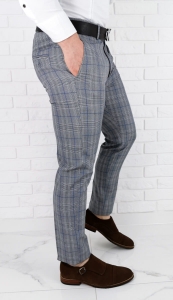 Szare eleganckie spodnie slim fit w kratę z niebieską wstawką 1537