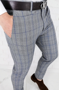 Szare eleganckie spodnie slim fit w kratę z niebieską wstawką 1537