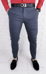 Stalowe eleganckie męskie spodnie slim w czarną drobną kratę 1538