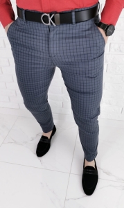 Stalowe eleganckie męskie spodnie slim w czarną drobną kratę 1538