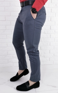 Stalowe eleganckie męskie spodnie slim w czarną drobną kratę 1538