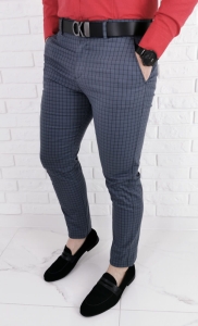 Stalowe eleganckie męskie spodnie slim w czarną drobną kratę 1538