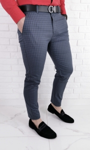 Stalowe eleganckie męskie spodnie slim w czarną drobną kratę 1538