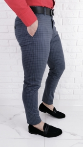 Stalowe eleganckie męskie spodnie slim w czarną drobną kratę 1538